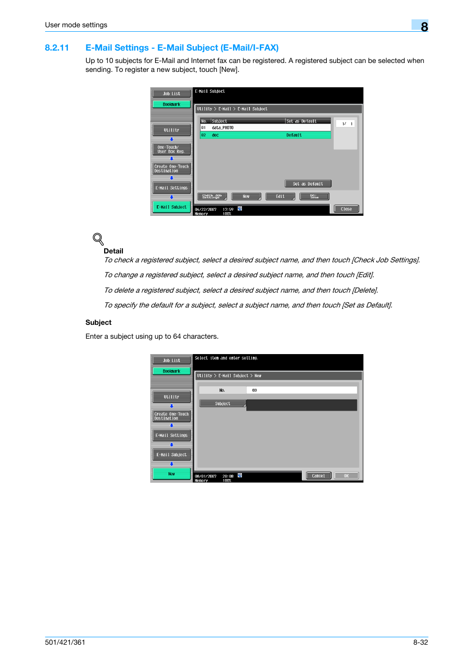 11 e-mail settings - e-mail subject (e-mail/i-fax), Subject, P. 8-32 | Konica Minolta bizhub 421 User Manual | Page 203 / 321