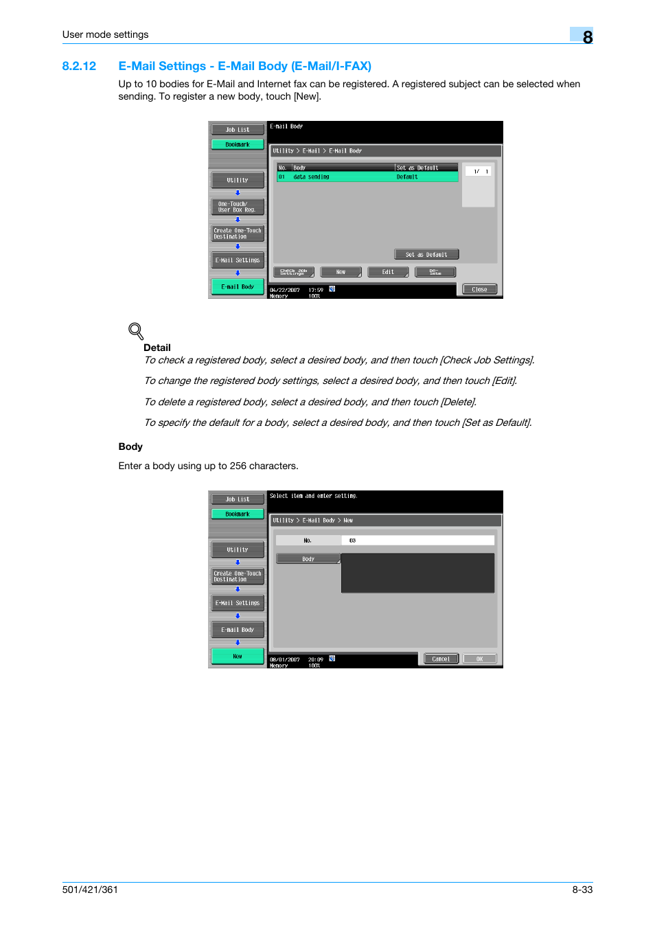 12 e-mail settings - e-mail body (e-mail/i-fax), Body, Mail body | P. 8-33 | Konica Minolta bizhub 421 User Manual | Page 204 / 321