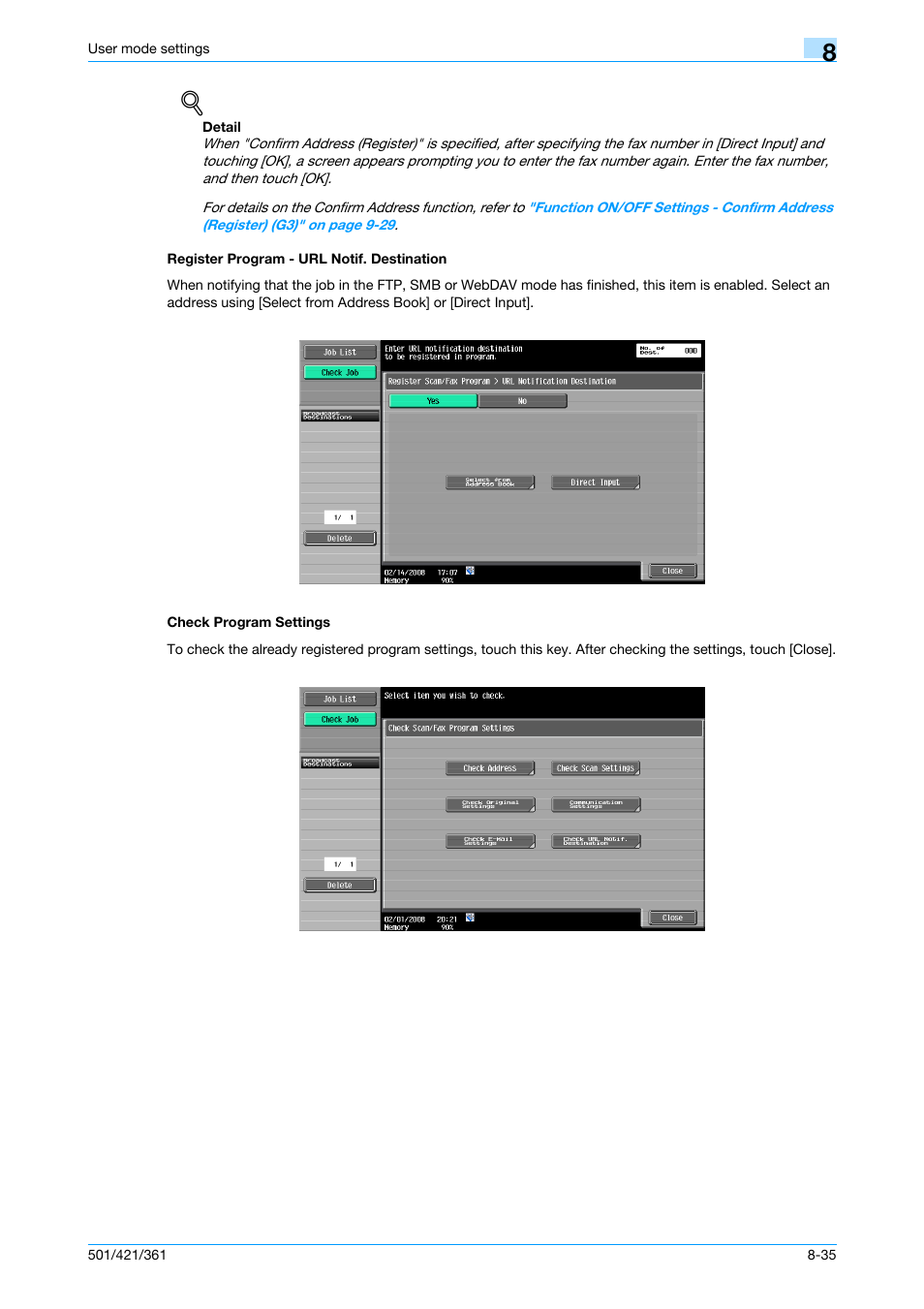 Register program - url notif. destination, Check program settings, P. 8-35 | Konica Minolta bizhub 421 User Manual | Page 206 / 321