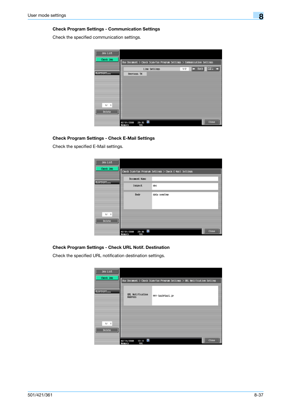 Check program settings - communication settings, Check program settings - check e-mail settings, P. 8-37 | Ttings | Konica Minolta bizhub 421 User Manual | Page 208 / 321