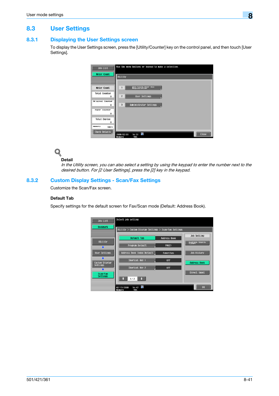 3 user settings, 1 displaying the user settings screen, 2 custom display settings - scan/fax settings | Default tab, User settings -41, Displaying the user settings screen -41, P. 8-41 | Konica Minolta bizhub 421 User Manual | Page 212 / 321