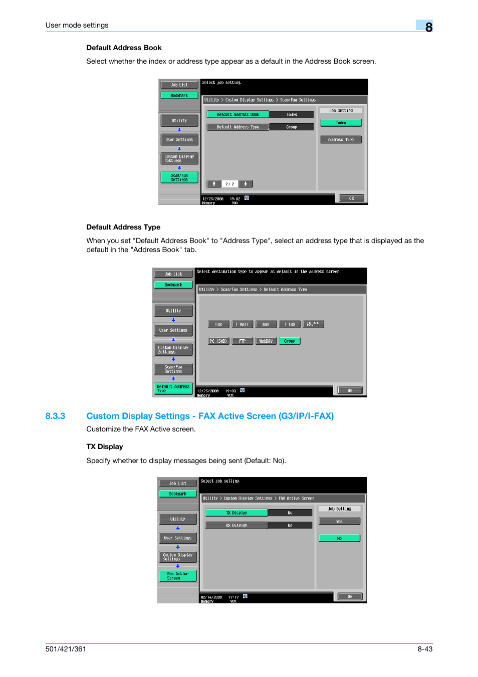 Default address book, Default address type, Tx display | Default address book -43 default address type -43, P. 8-43 | Konica Minolta bizhub 421 User Manual | Page 214 / 321