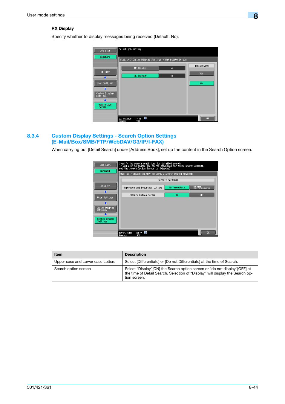 Rx display, Rx display -44, Custom display settings - search option | P. 8-44 | Konica Minolta bizhub 421 User Manual | Page 215 / 321