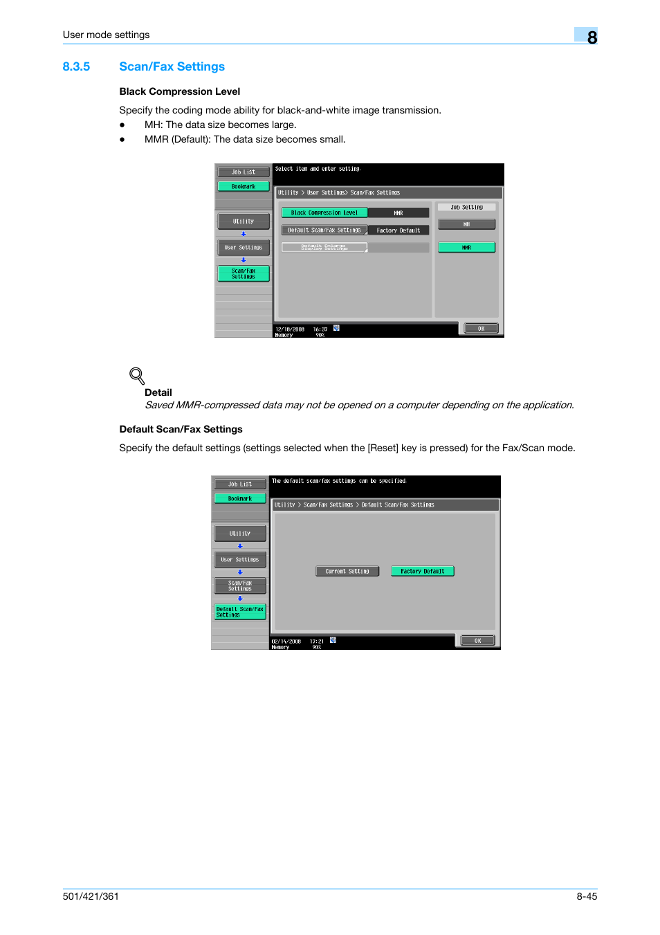 5 scan/fax settings, Black compression level, Default scan/fax settings | P. 8-45 | Konica Minolta bizhub 421 User Manual | Page 216 / 321