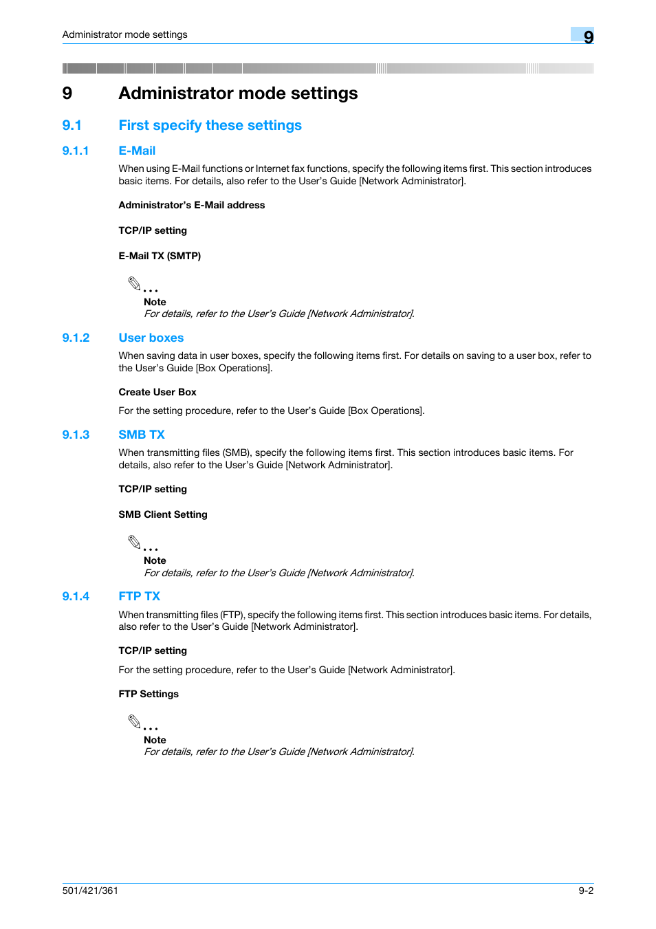 9 administrator mode settings, 1 first specify these settings, 1 e-mail | Administrator’s e-mail address, Tcp/ip setting, E-mail tx (smtp), 2 user boxes, Create user box, 3 smb tx, Smb client setting | Konica Minolta bizhub 421 User Manual | Page 219 / 321