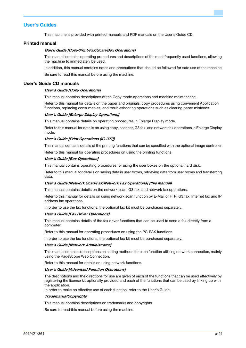 User’s guides, Printed manual, User’s guide cd manuals | Konica Minolta bizhub 421 User Manual | Page 22 / 321