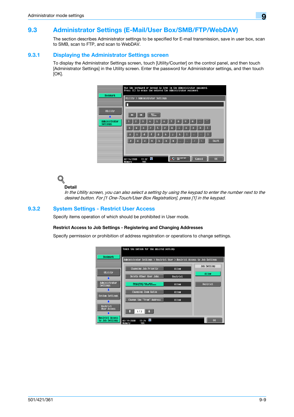 1 displaying the administrator settings screen, 2 system settings - restrict user access, Displaying the administrator settings screen -9 | P. 9-9 | Konica Minolta bizhub 421 User Manual | Page 226 / 321