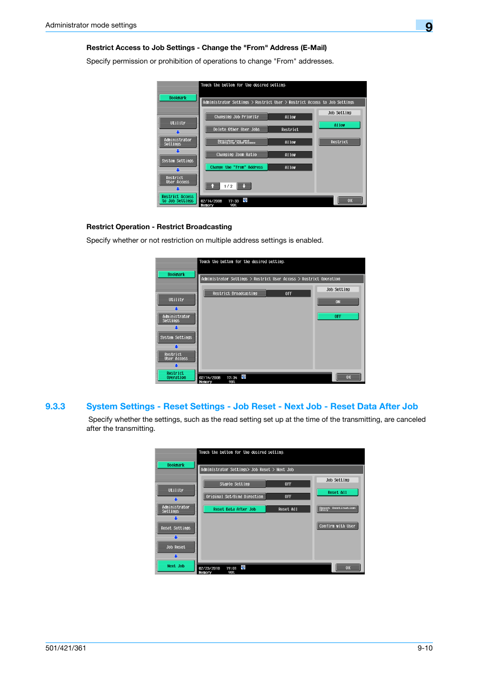 Restrict operation - restrict broadcasting, Restrict operation - restrict broadcasting -10, P. 9-10 | Konica Minolta bizhub 421 User Manual | Page 227 / 321