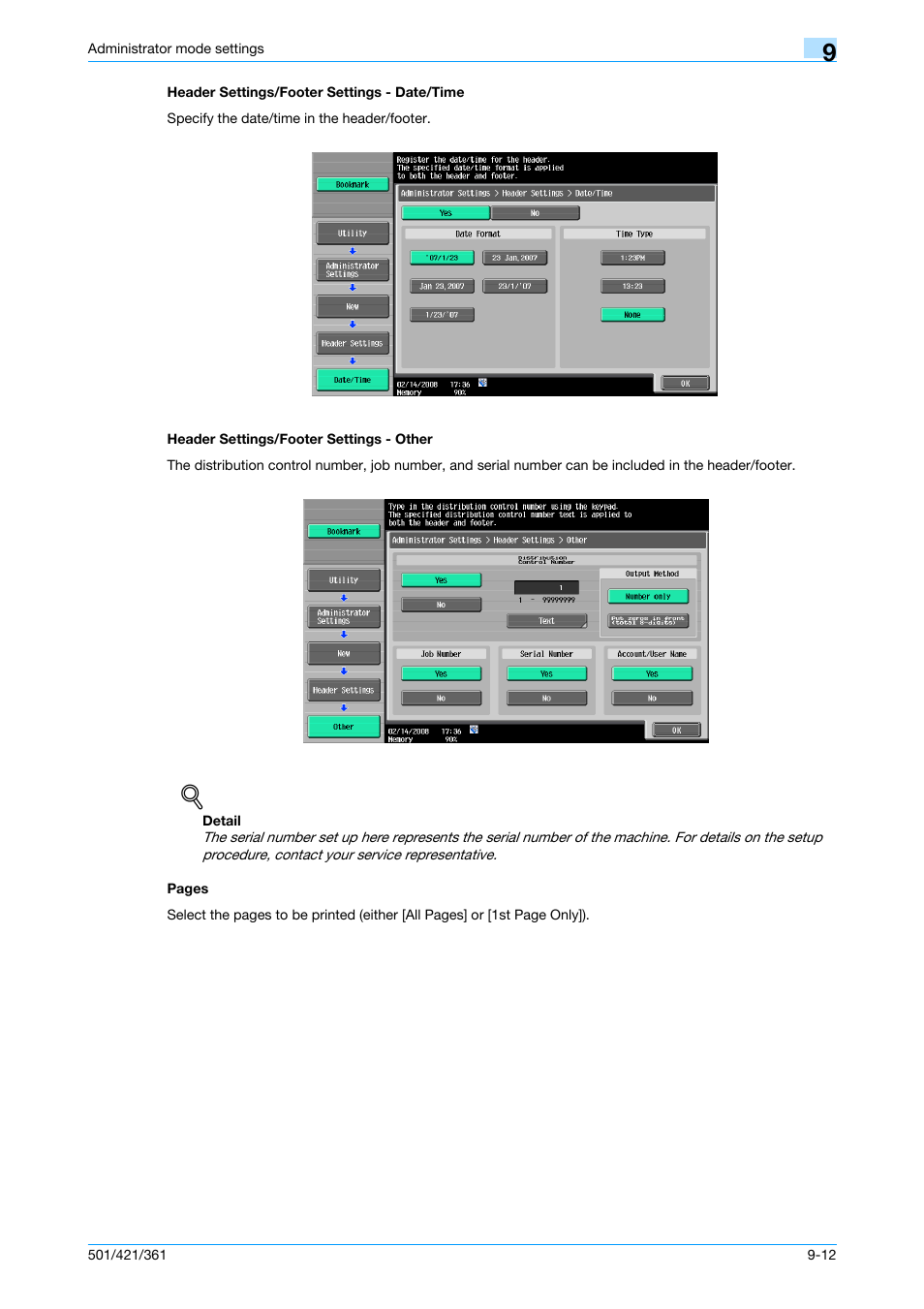 Header settings/footer settings - date/time, Header settings/footer settings - other | Konica Minolta bizhub 421 User Manual | Page 229 / 321