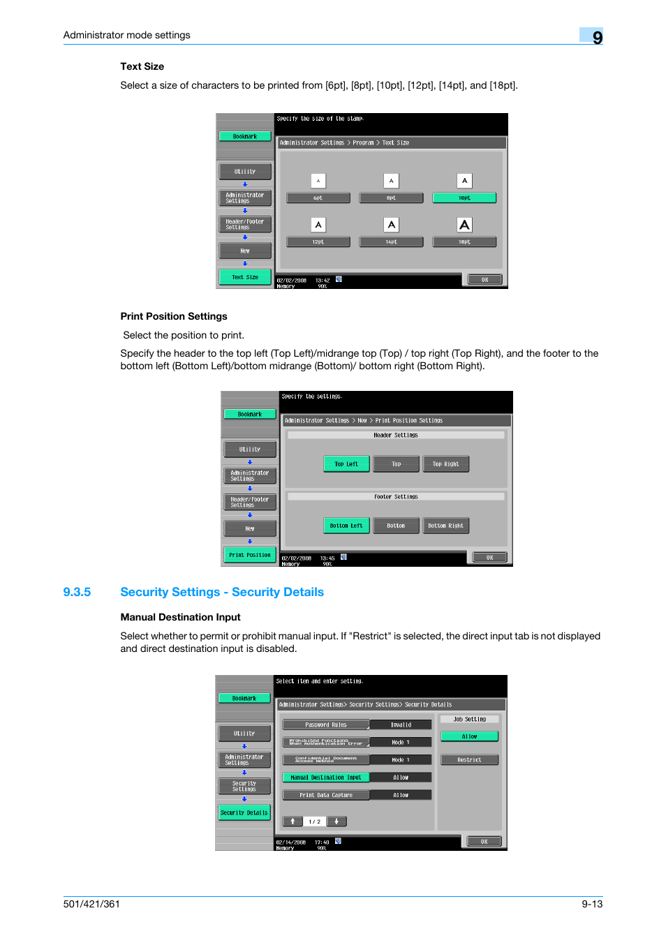 Text size, Print position settings, 5 security settings - security details | Manual destination input, Text size -13 print position settings -13, P. 9-13 | Konica Minolta bizhub 421 User Manual | Page 230 / 321