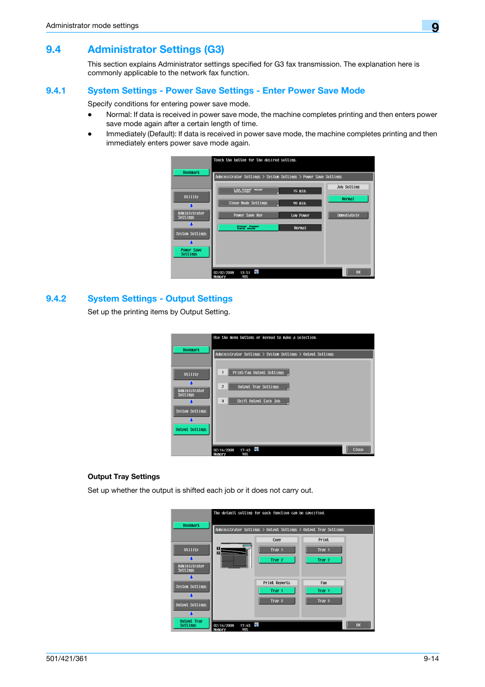 4 administrator settings (g3), 2 system settings - output settings, Output tray settings | Administrator settings (g3) -14, P. 9-14, Tings | Konica Minolta bizhub 421 User Manual | Page 231 / 321