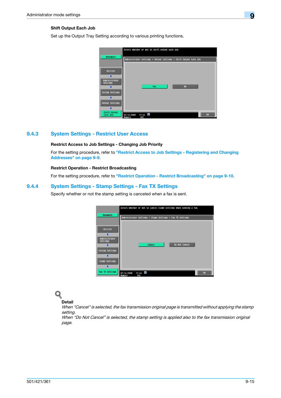 Shift output each job, 3 system settings - restrict user access, Restrict operation - restrict broadcasting | Shift output each job -15, P. 9-15 | Konica Minolta bizhub 421 User Manual | Page 232 / 321