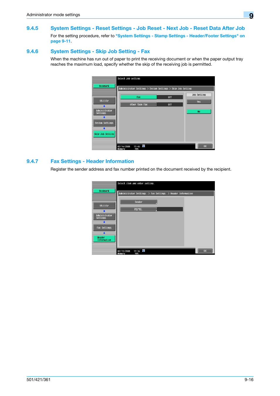 6 system settings - skip job setting - fax, 7 fax settings - header information, System settings - skip job setting - fax -16 | Fax settings - header information -16 | Konica Minolta bizhub 421 User Manual | Page 233 / 321