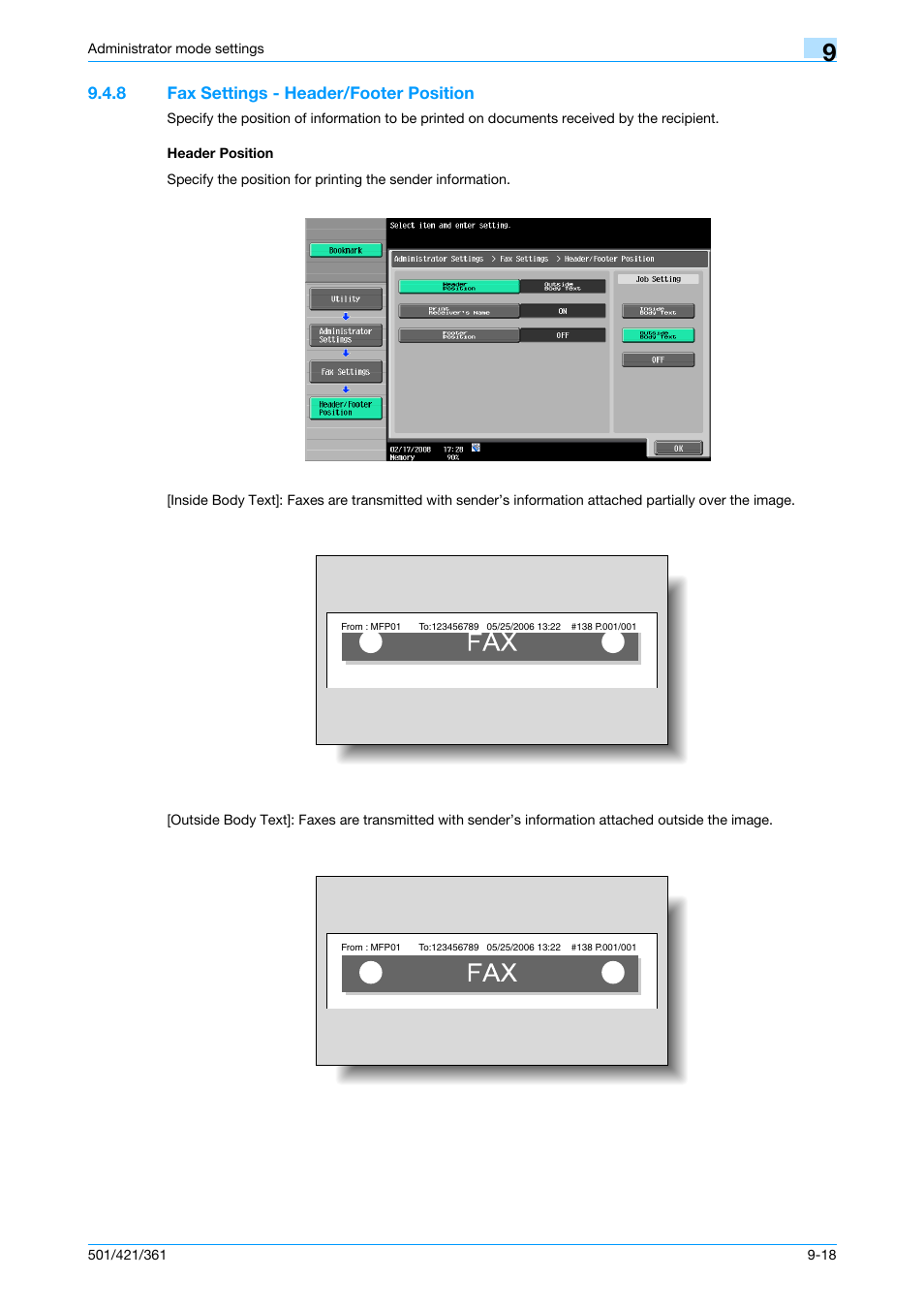 8 fax settings - header/footer position, Header position, P. 9-18 | Konica Minolta bizhub 421 User Manual | Page 235 / 321