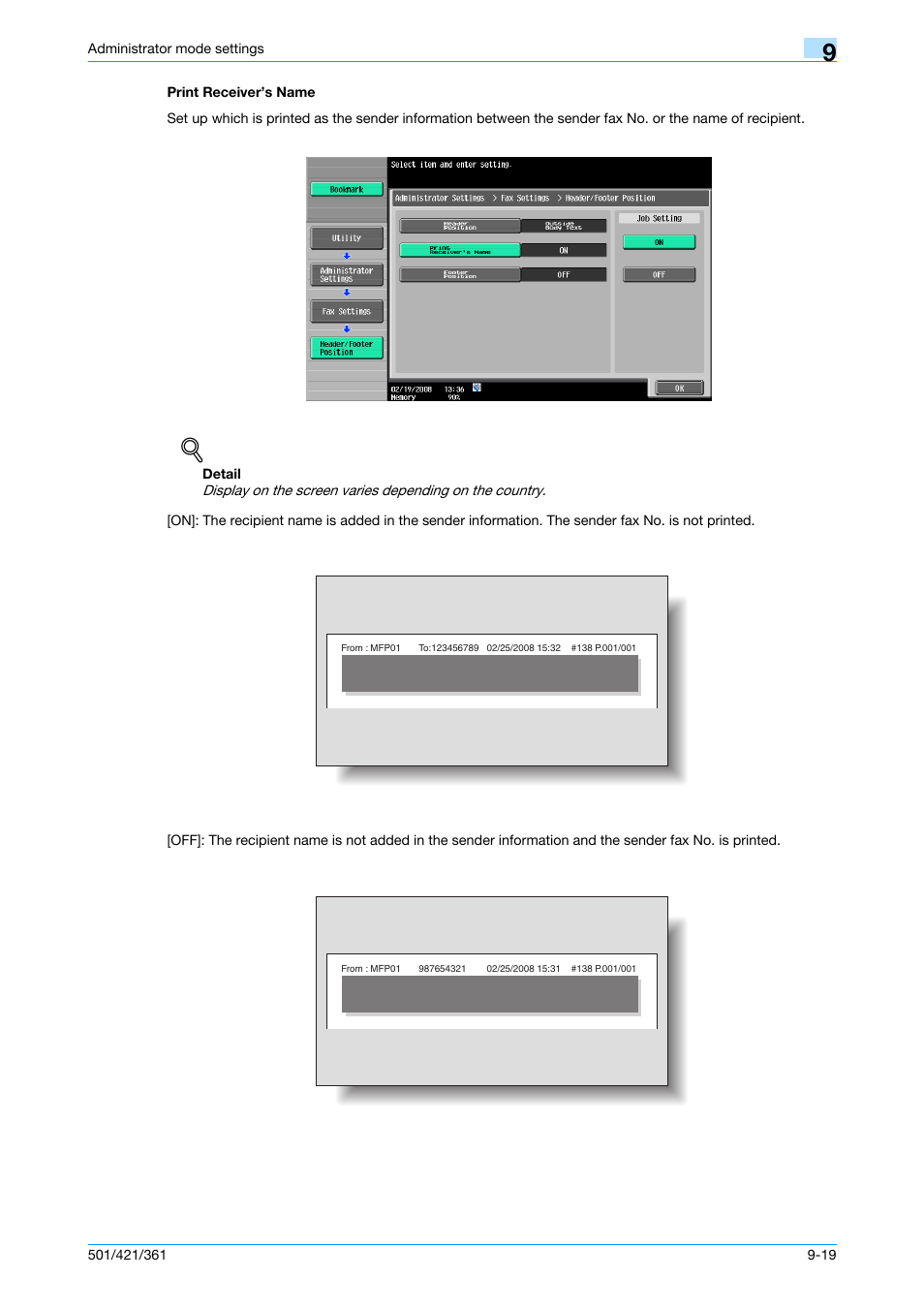 Print receiver’s name, Print receiver’s name -19, P. 9-19 | Konica Minolta bizhub 421 User Manual | Page 236 / 321