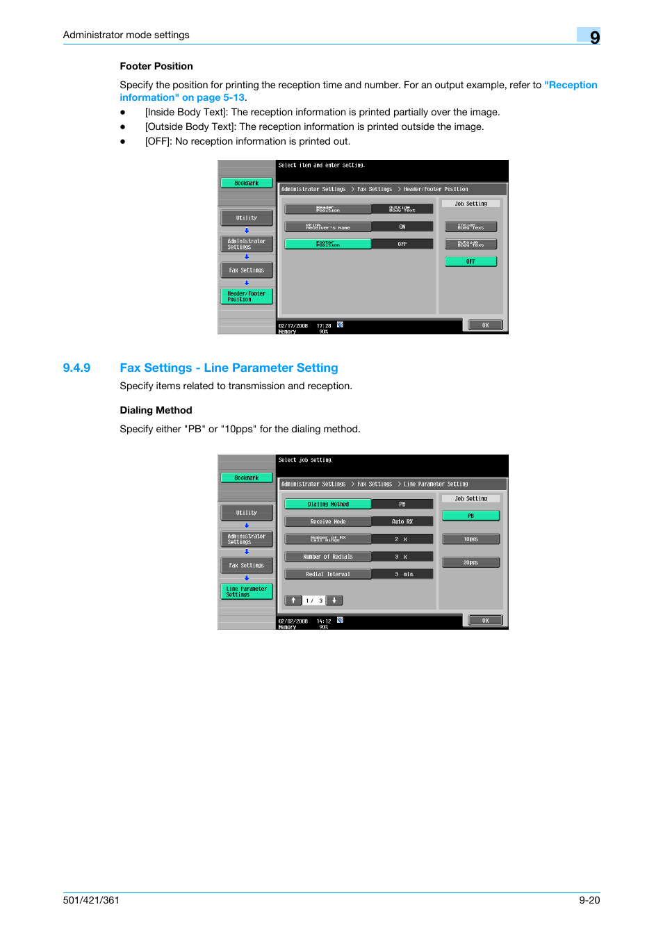Footer position, 9 fax settings - line parameter setting, Dialing method | Footer position -20, P. 9-20, Aling method | Konica Minolta bizhub 421 User Manual | Page 237 / 321