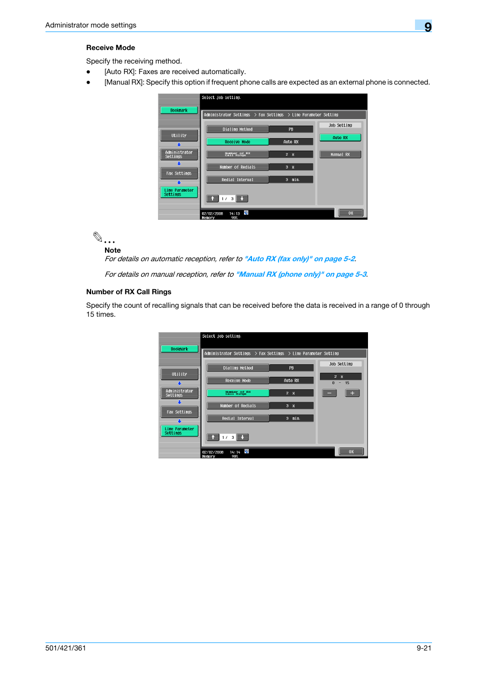 Receive mode, Number of rx call rings, Receive mode -21 number of rx call rings -21 | P. 9-21 | Konica Minolta bizhub 421 User Manual | Page 238 / 321