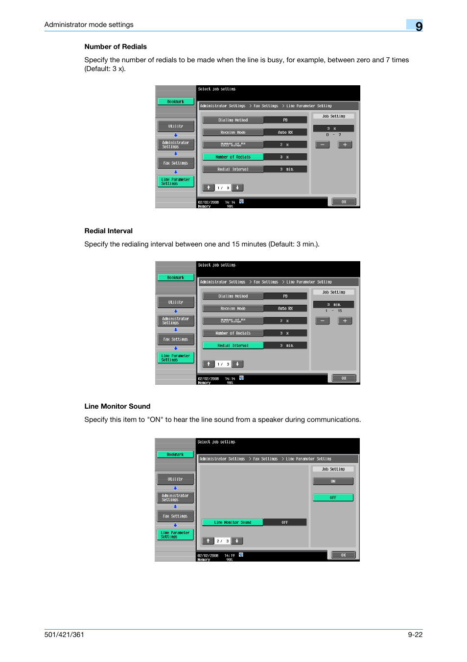 Number of redials, Redial interval, Line monitor sound | Of redials, P. 9-22 | Konica Minolta bizhub 421 User Manual | Page 239 / 321