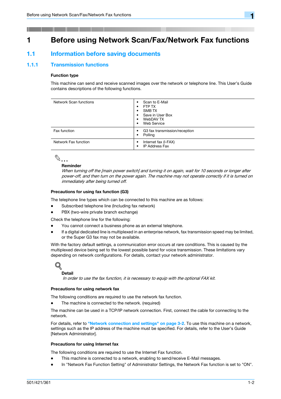 1 information before saving documents, 1 transmission functions, Function type | Precautions for using fax function (g3), Precautions for using network fax, Precautions for using internet fax, Information before saving documents -2 | Konica Minolta bizhub 421 User Manual | Page 24 / 321