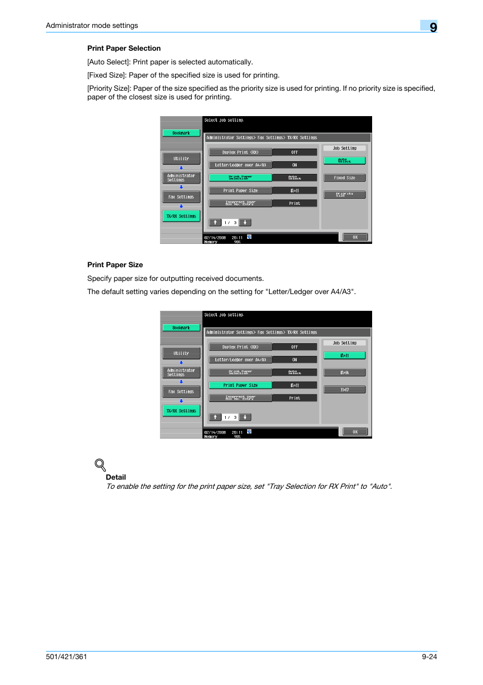 Print paper selection, Print paper size, Print paper selection -24 print paper size -24 | P. 9-24 | Konica Minolta bizhub 421 User Manual | Page 241 / 321