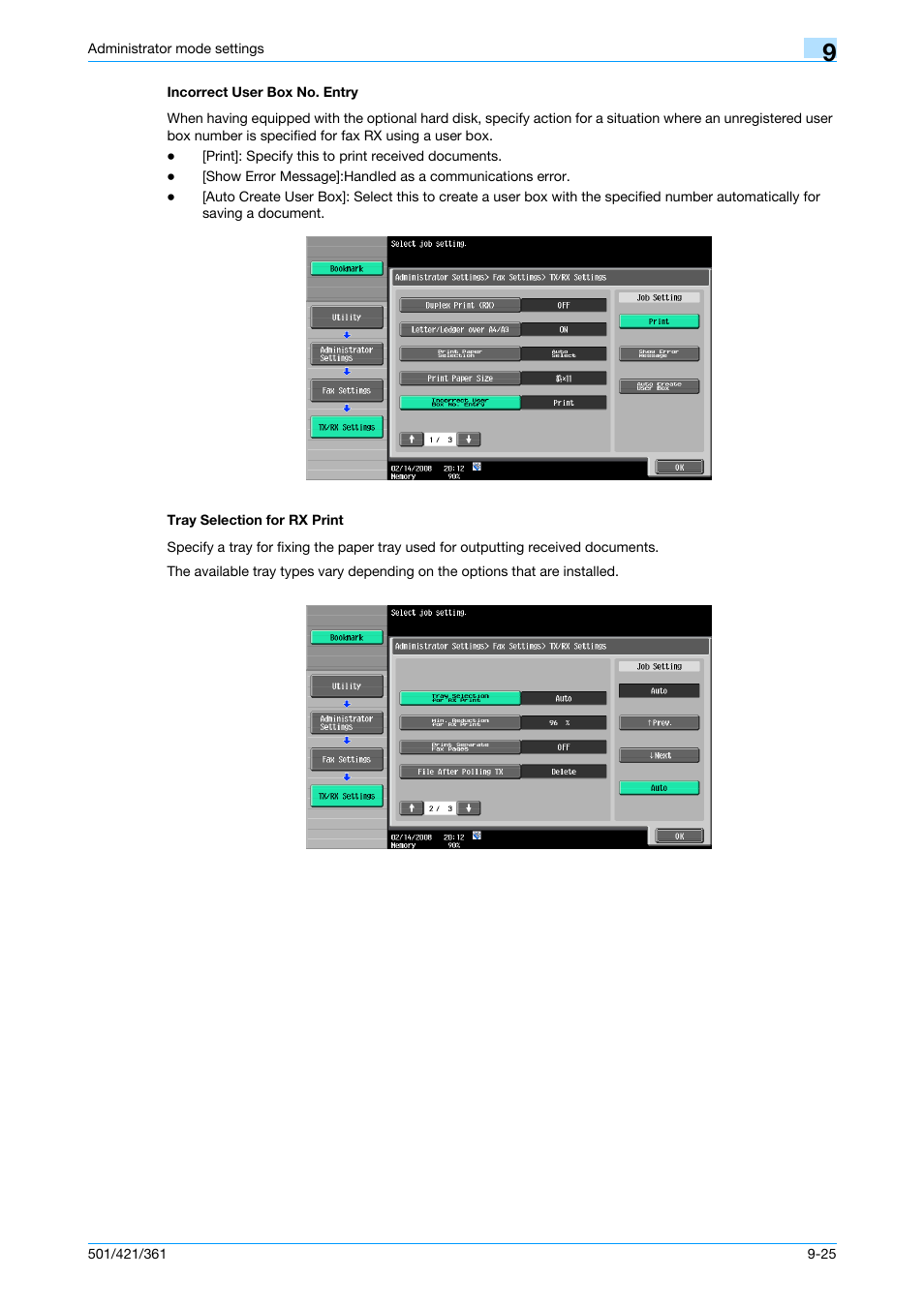 Incorrect user box no. entry, Tray selection for rx print, P. 9-25 | Konica Minolta bizhub 421 User Manual | Page 242 / 321