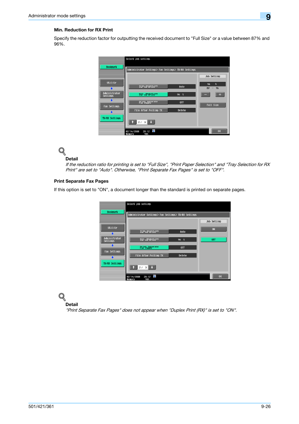 Min. reduction for rx print, P. 9-26 | Konica Minolta bizhub 421 User Manual | Page 243 / 321