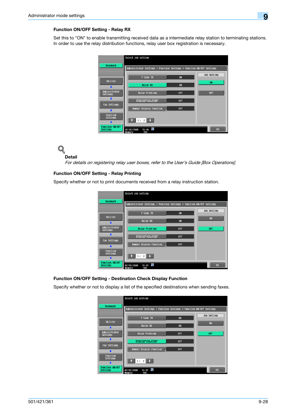 Function on/off setting - relay rx, Function on/off setting - relay printing, Function on/off setting | P. 9-28, Tion, Confirm address (tx) | Konica Minolta bizhub 421 User Manual | Page 245 / 321