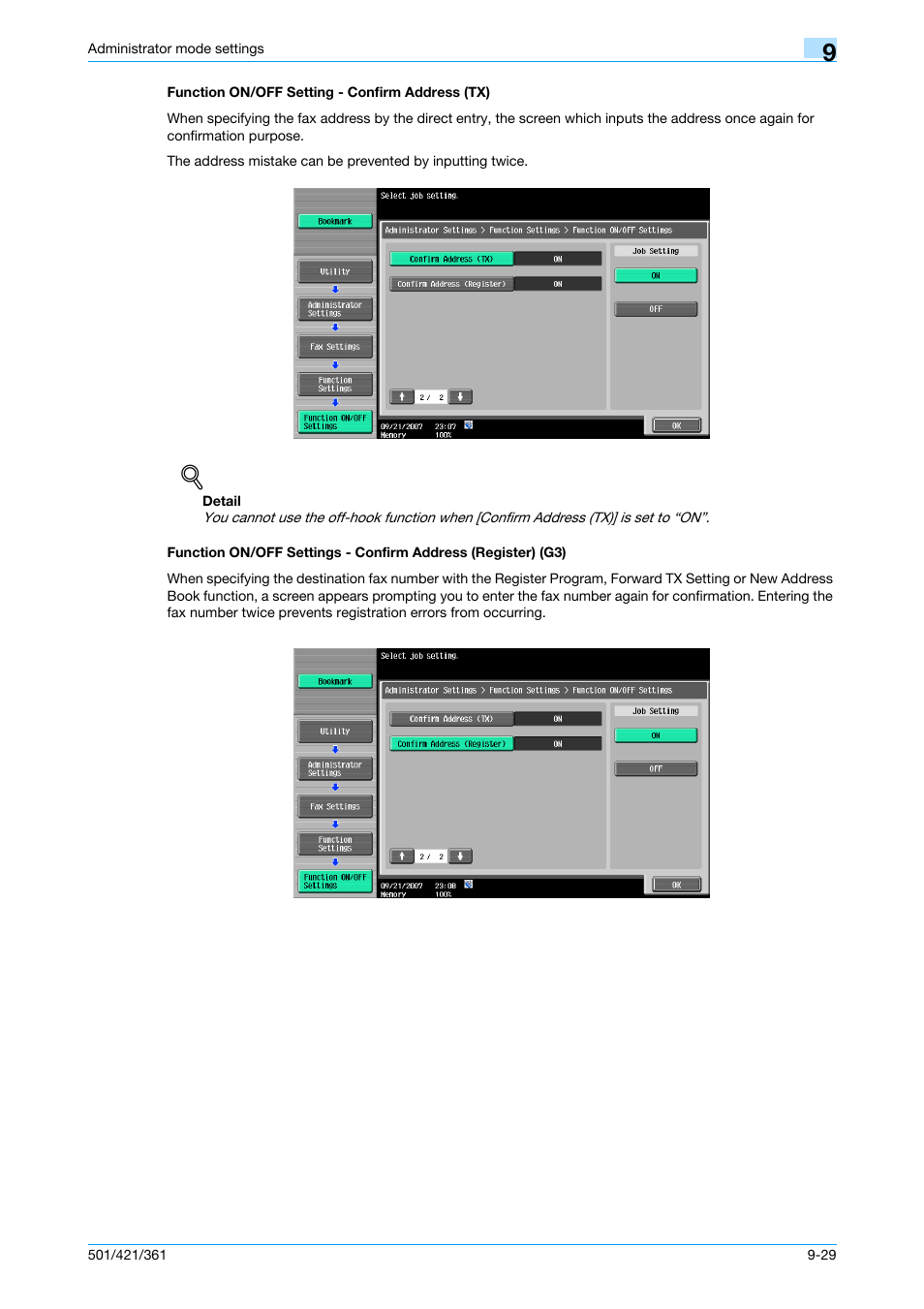 Function on/off setting - confirm address (tx), Function on/off setting - confirm address (tx)" on, P. 9-29 | Konica Minolta bizhub 421 User Manual | Page 246 / 321