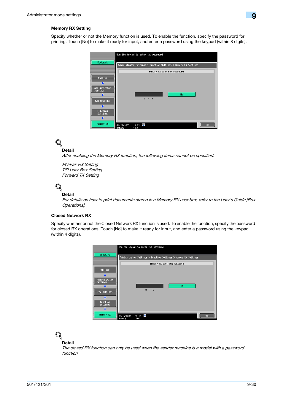 Memory rx setting, Closed network rx, Memory rx setting -30 closed network rx -30 | P. 9-30 | Konica Minolta bizhub 421 User Manual | Page 247 / 321