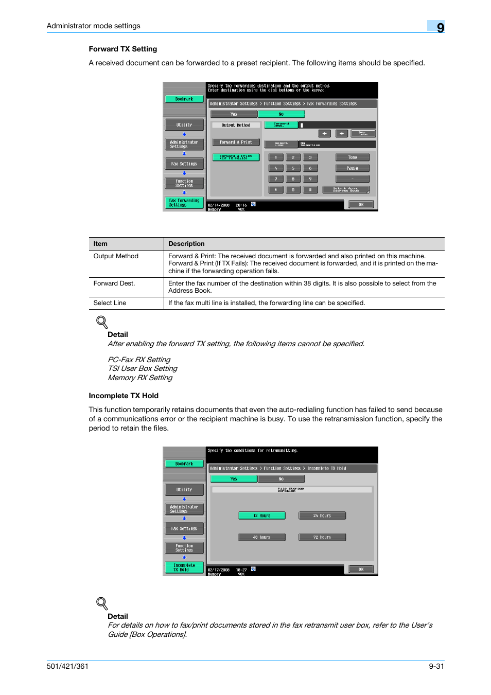 Forward tx setting, Incomplete tx hold, Forward tx setting -31 incomplete tx hold -31 | 5 forward tx setting, P. 9-31, Hold | Konica Minolta bizhub 421 User Manual | Page 248 / 321