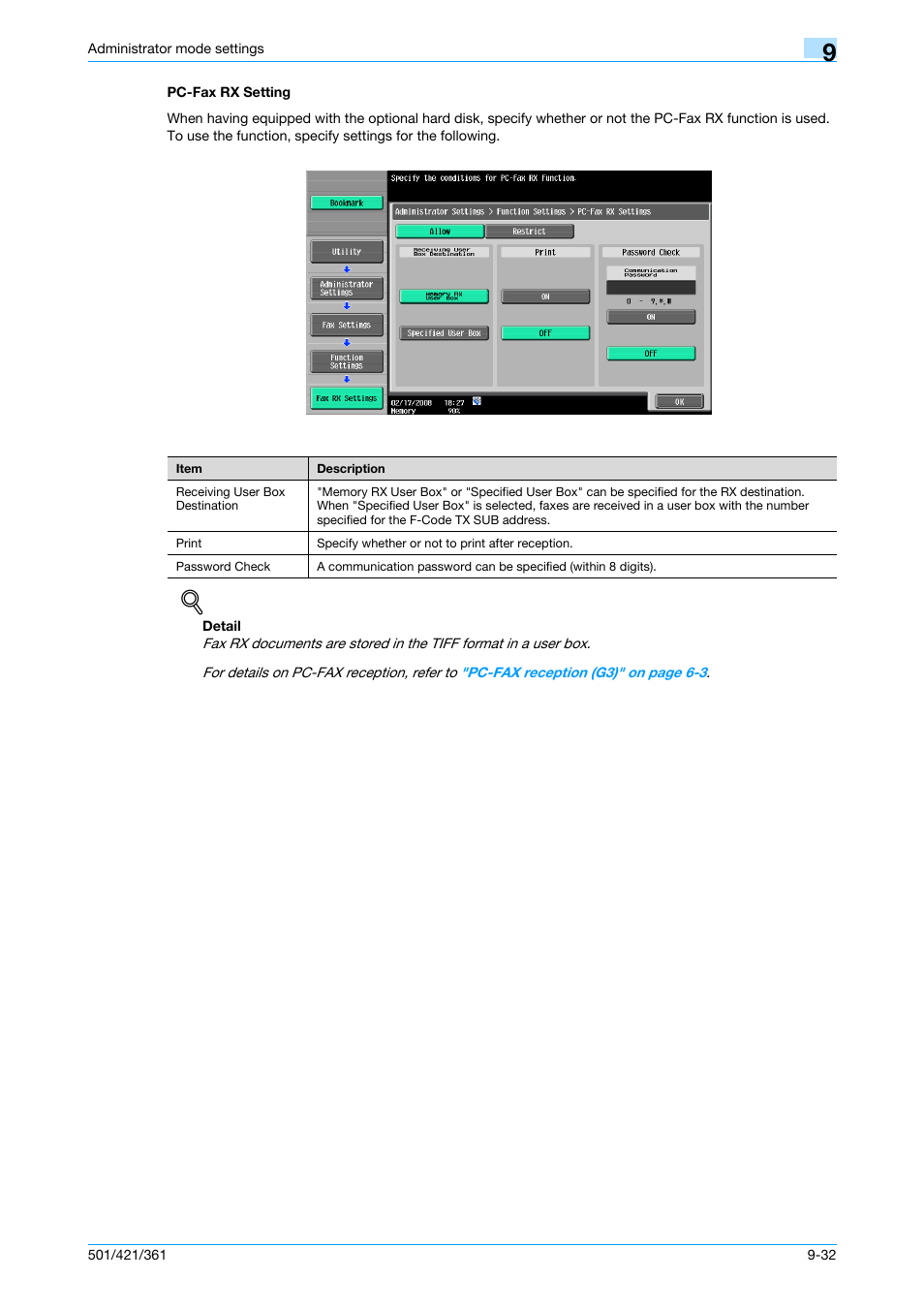 Pc-fax rx setting, Pc-fax rx setting -32, Tting | P. 9-32 | Konica Minolta bizhub 421 User Manual | Page 249 / 321