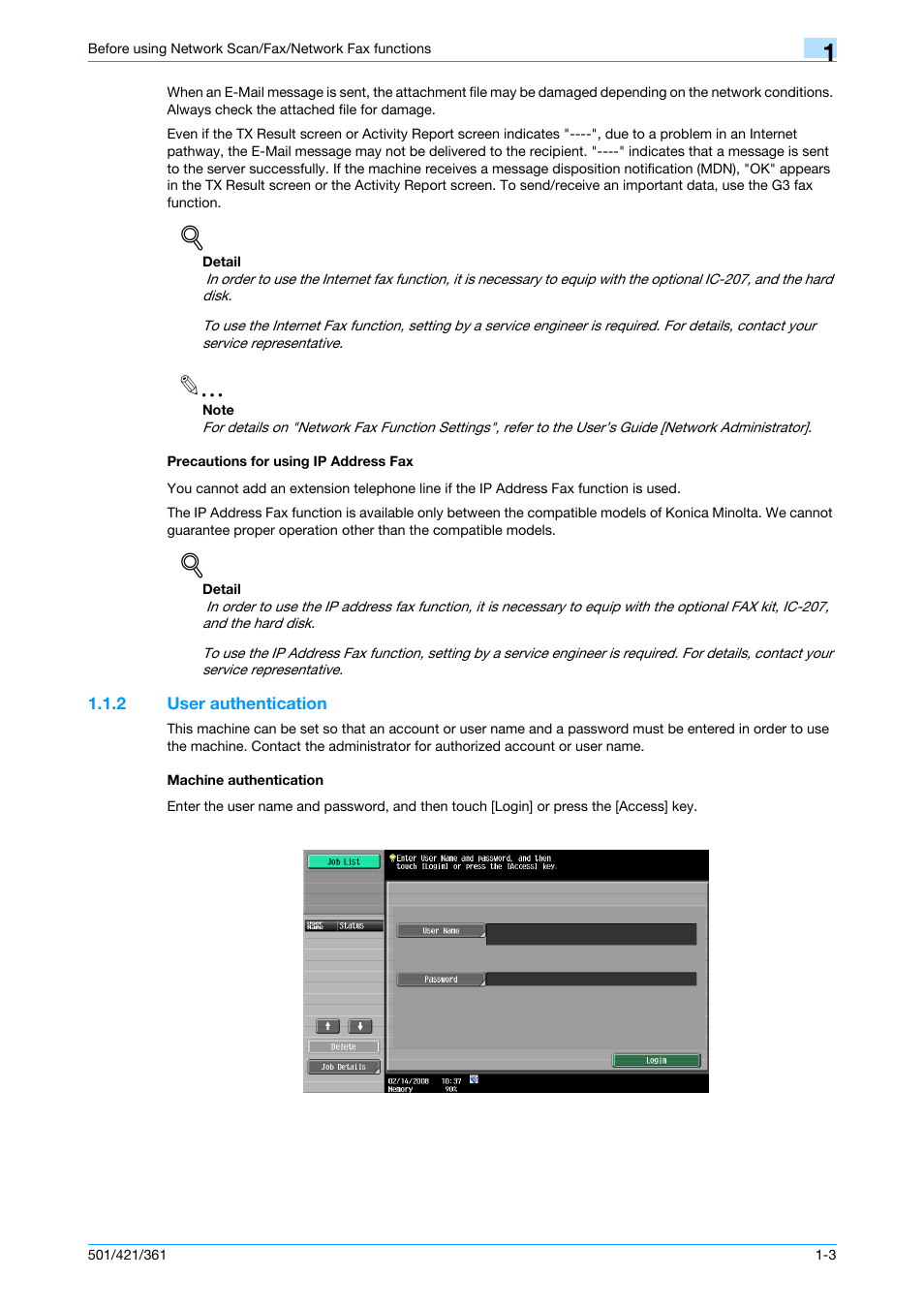 Precautions for using ip address fax, 2 user authentication, Machine authentication | Precautions for using ip address fax -3, User authentication -3 machine authentication -3 | Konica Minolta bizhub 421 User Manual | Page 25 / 321