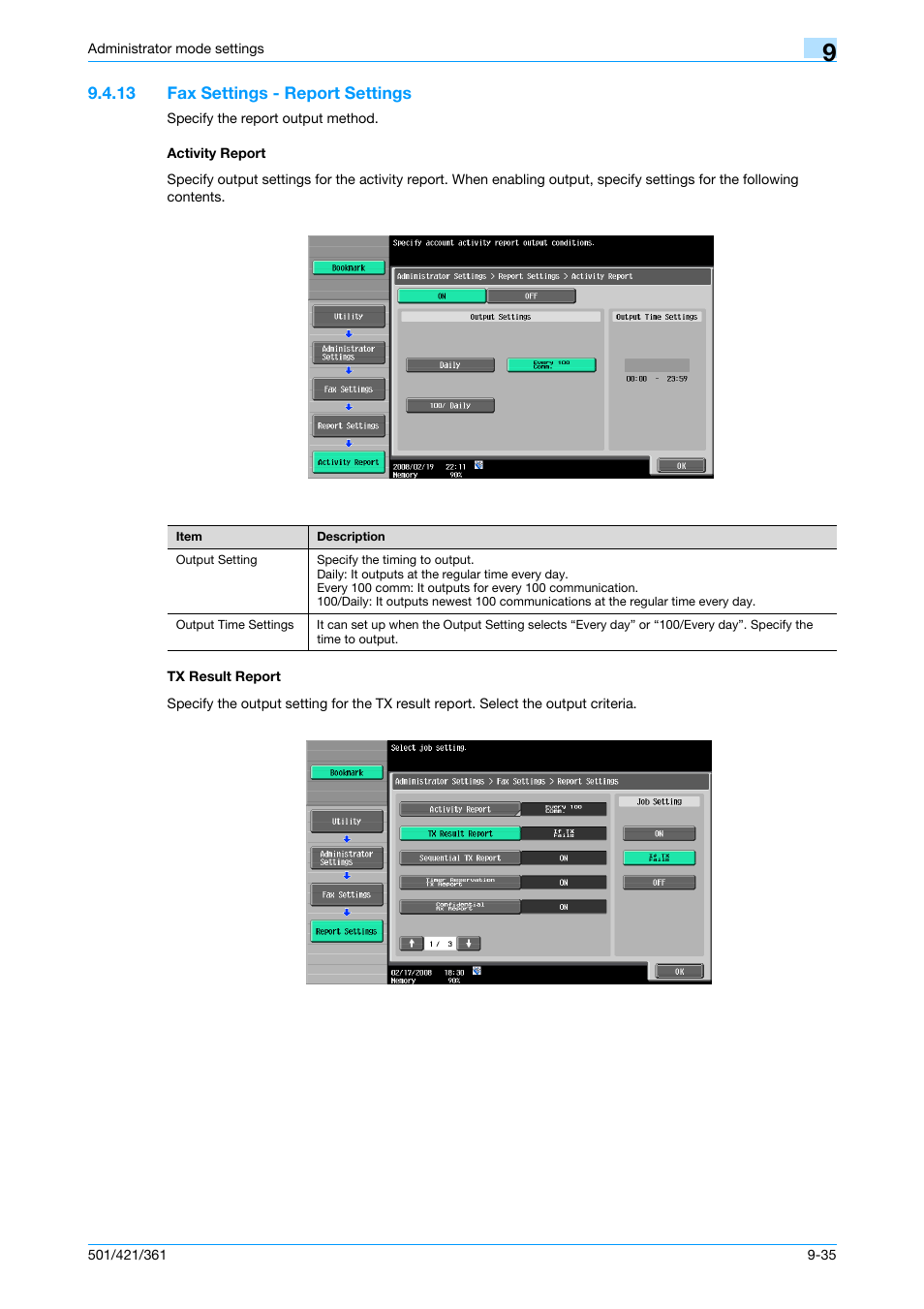 13 fax settings - report settings, Activity report, Tx result report | Ctivity report, P. 9-35 | Konica Minolta bizhub 421 User Manual | Page 252 / 321