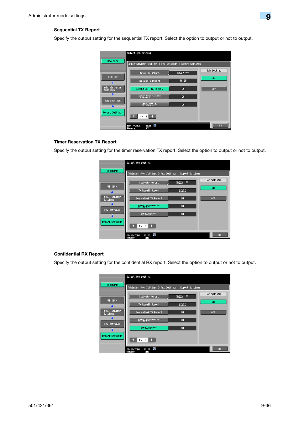 Sequential tx report, Timer reservation tx report, Confidential rx report | P. 9-36 | Konica Minolta bizhub 421 User Manual | Page 253 / 321