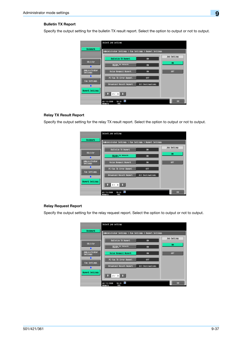 Bulletin tx report, Relay tx result report, Relay request report | P. 9-37 | Konica Minolta bizhub 421 User Manual | Page 254 / 321
