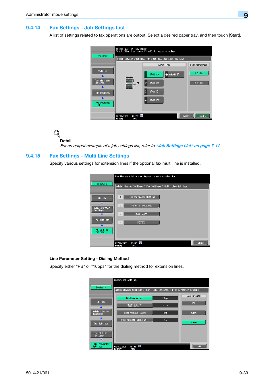 14 fax settings - job settings list, 15 fax settings - multi line settings, Line parameter setting - dialing method | Fax settings - job settings list -39, P. 9-39, Thod | Konica Minolta bizhub 421 User Manual | Page 256 / 321