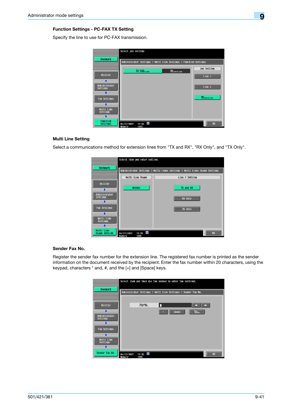 Function settings - pc-fax tx setting, Multi line setting, Sender fax no | P. 9-41, 4 sender fax no | Konica Minolta bizhub 421 User Manual | Page 258 / 321