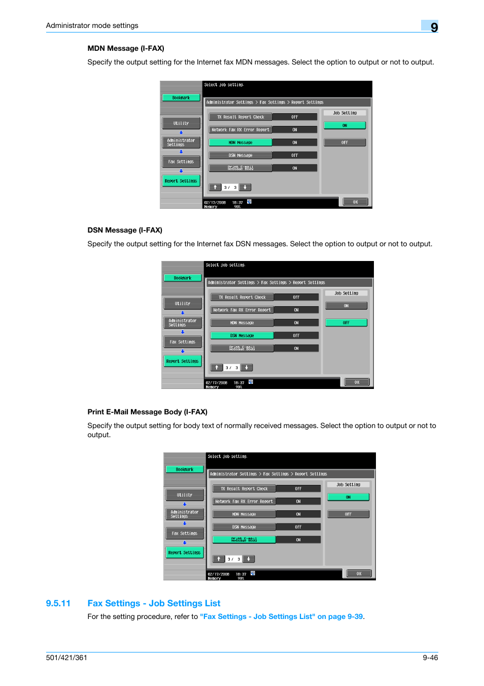 Mdn message (i-fax), Dsn message (i-fax), Print e-mail message body (i-fax) | 11 fax settings - job settings list, Mdn message (i-fax) -46 dsn message (i-fax) -46, Print e-mail message body (i-fax) -46, Fax settings - job settings list -46, P. 9-46 | Konica Minolta bizhub 421 User Manual | Page 263 / 321