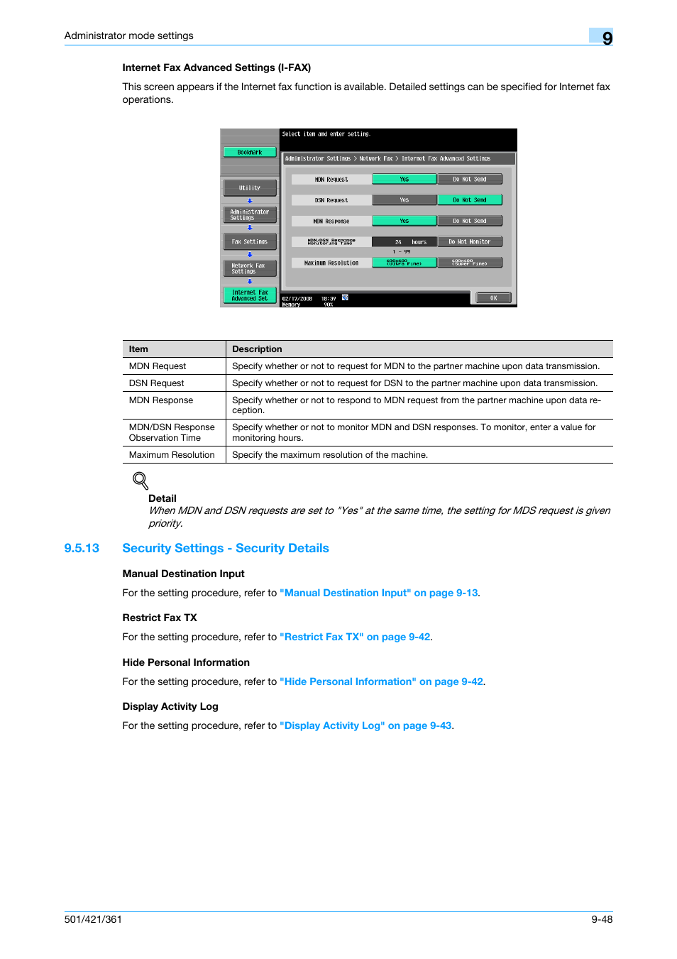 Internet fax advanced settings (i-fax), 13 security settings - security details, Manual destination input | Restrict fax tx, Hide personal information, Display activity log, Internet fax advanced settings (i-fax) -48, Tings, P. 9-48 | Konica Minolta bizhub 421 User Manual | Page 265 / 321