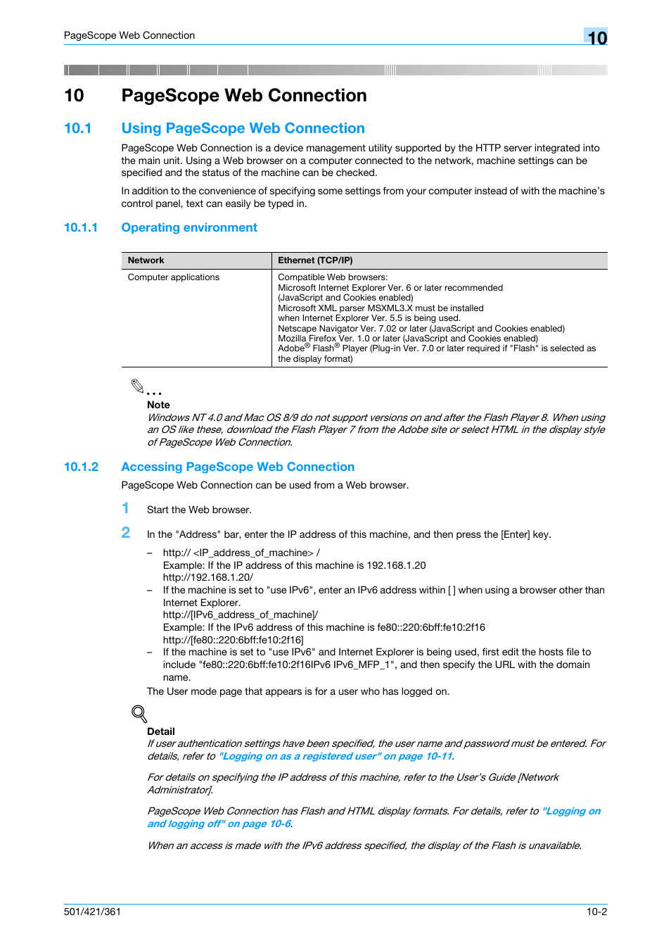 1 operating environment, Operating environment -2, 10 pagescope web connection | 1 using pagescope web connection | Konica Minolta bizhub 421 User Manual | Page 267 / 321