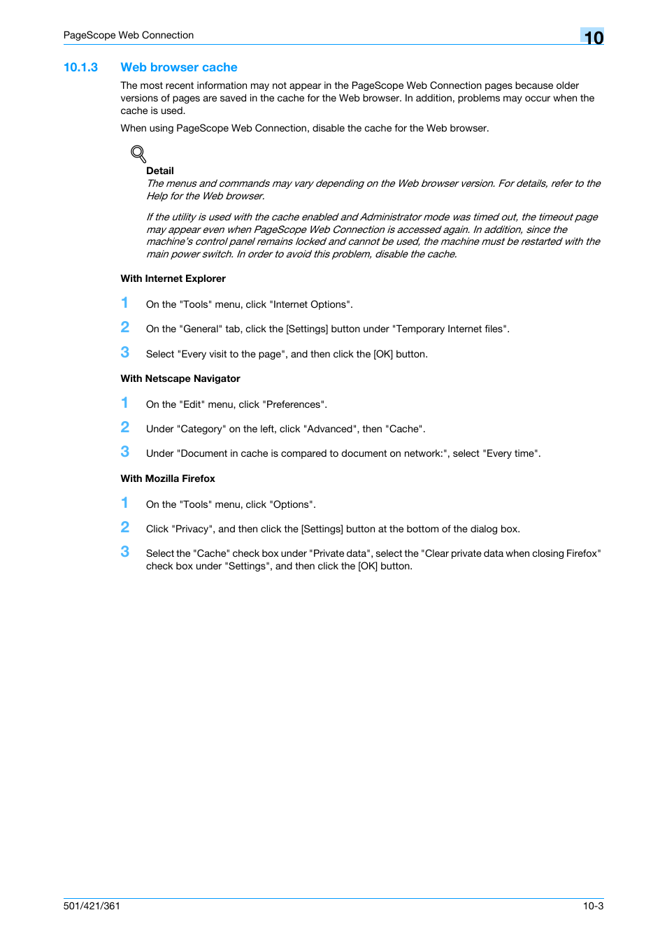 3 web browser cache, With internet explorer, With netscape navigator | With mozilla firefox | Konica Minolta bizhub 421 User Manual | Page 268 / 321