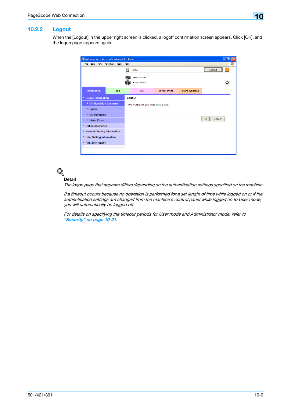 2 logout, Logout -9 | Konica Minolta bizhub 421 User Manual | Page 274 / 321