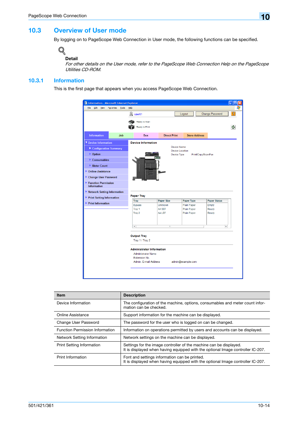 3 overview of user mode, 1 information, Overview of user mode -14 | Information -14, Information, Information" on | Konica Minolta bizhub 421 User Manual | Page 279 / 321