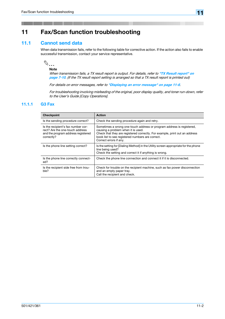 11 fax/scan function troubleshooting, 1 cannot send data, 1 g3 fax | Cannot send data -2, G3 fax -2 | Konica Minolta bizhub 421 User Manual | Page 293 / 321
