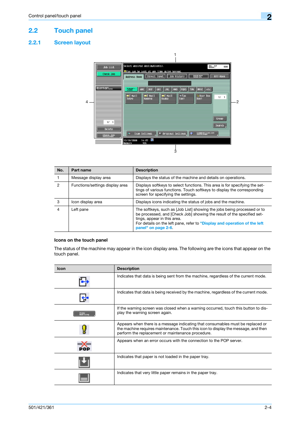 2 touch panel, 1 screen layout, Icons on the touch panel | Touch panel -4, Screen layout -4 icons on the touch panel -4 | Konica Minolta bizhub 421 User Manual | Page 36 / 321