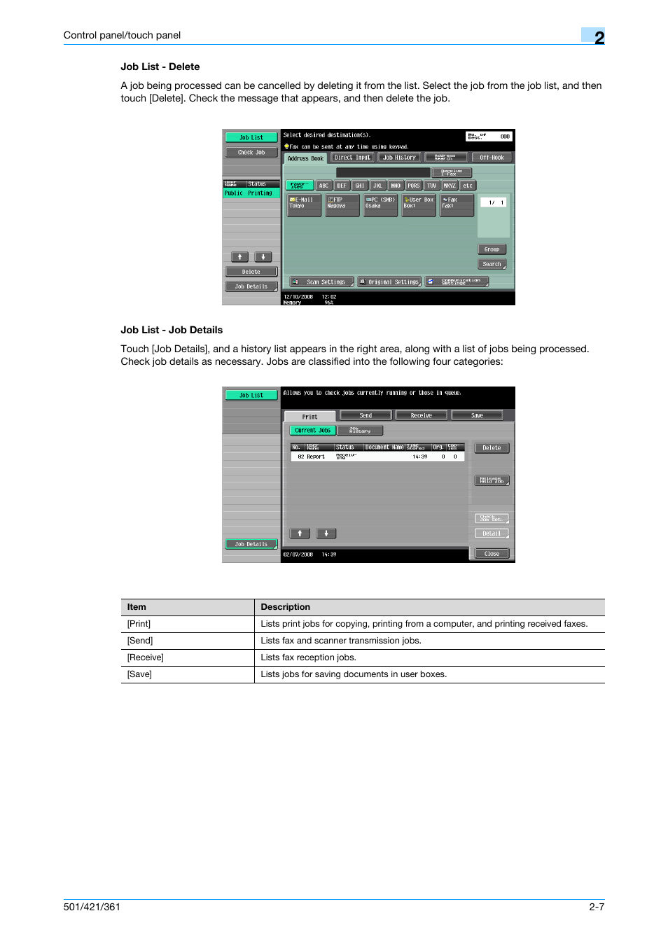 Job list - delete, Job list - job details, Job list - delete -7 job list - job details -7 | Konica Minolta bizhub 421 User Manual | Page 39 / 321