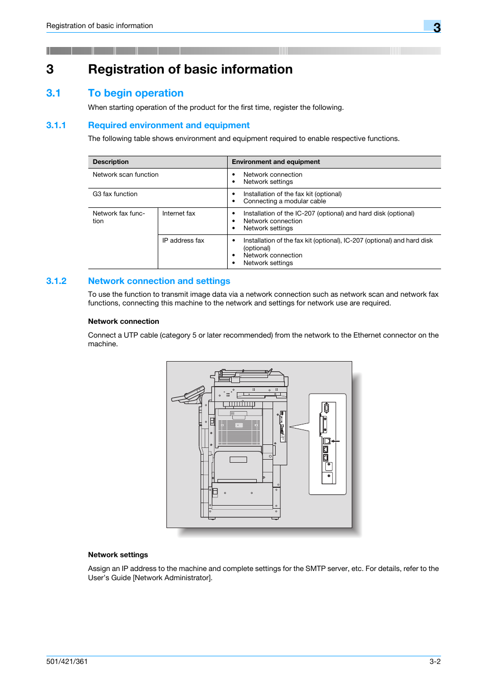 3 registration of basic information, 1 to begin operation, 1 required environment and equipment | 2 network connection and settings, Network connection, Network settings, Registration of basic information, To begin operation -2, Required environment and equipment -2, 3registration of basic information | Konica Minolta bizhub 421 User Manual | Page 47 / 321