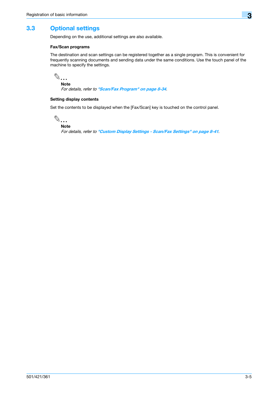 3 optional settings, Fax/scan programs, Setting display contents | Konica Minolta bizhub 421 User Manual | Page 50 / 321