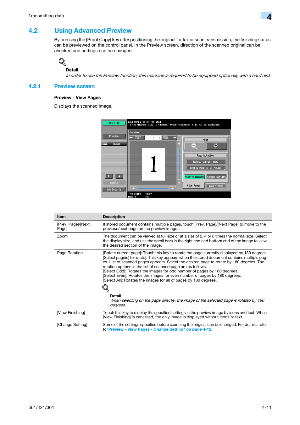 2 using advanced preview, 1 preview screen, Using advanced preview -11 | P. 4-11 | Konica Minolta bizhub 421 User Manual | Page 64 / 321