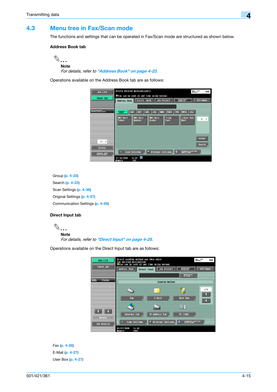 3 menu tree in fax/scan mode, Address book tab, Direct input tab | Konica Minolta bizhub 421 User Manual | Page 68 / 321